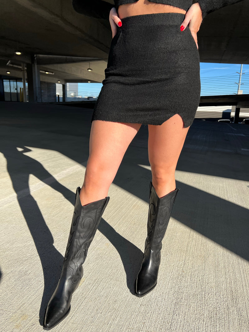 Alaina Cardigan Top & Mini Skirt Set- Black